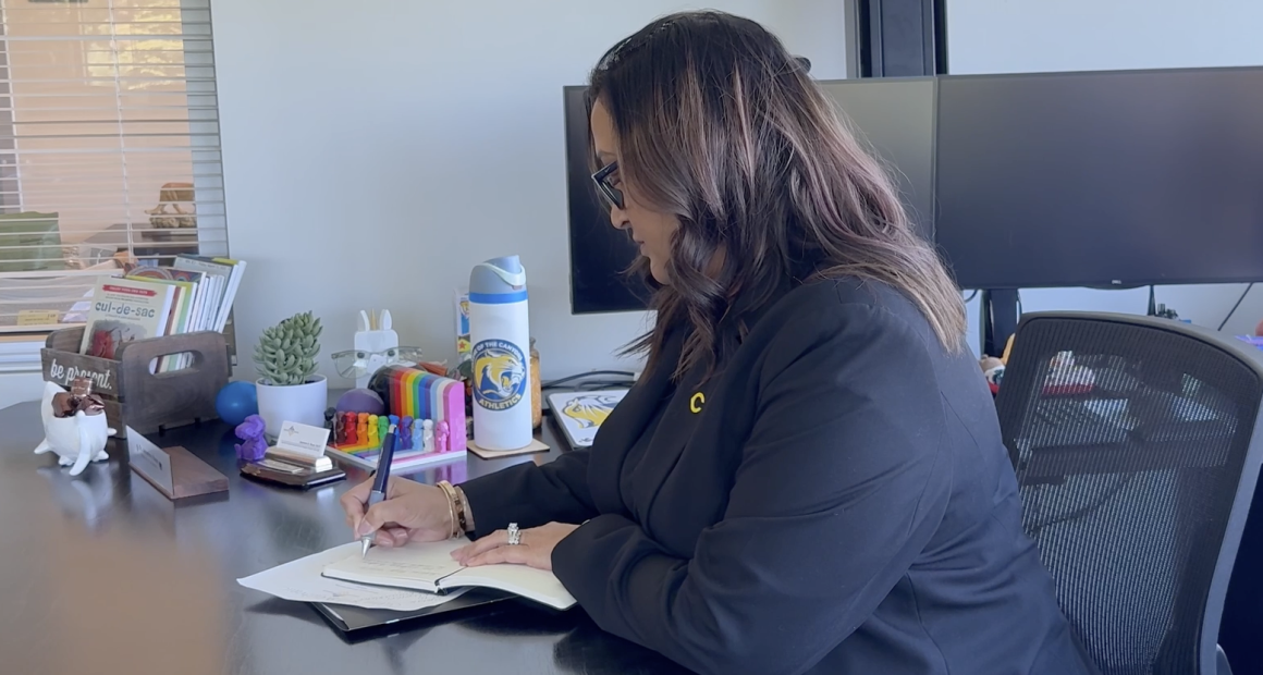 woman with long wavy brown hair wearing a black blazer is seated at a desk, writing in a notebook. She is facing slightly away from the camera. On the desk are colorful office supplies, a succulent plant, a water bottle with a logo, a nameplate, books, and computer monitors in the background.