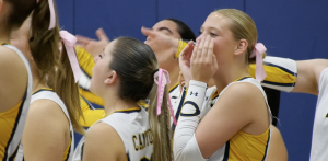 A group of female volleyball players in yellow, white, and navy uniforms cheer enthusiastically from the sidelines during a game. Most of them have their hair tied back with pink ribbons, likely in support of breast cancer awareness. One player in the foreground cups her hands around her mouth as she shouts encouragement. The players display energetic and supportive body language, emphasizing team spirit and camaraderie.