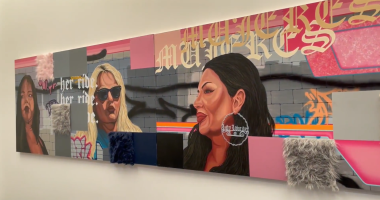 A colorful mural featuring portraits of three women against a backdrop of graffiti-style art and text. The piece includes bold pink, gray, and blue tones with textured fabric squares attached to the surface. One woman wears large hoop earrings that read “Lady Lowrider,” and the background includes stylized lettering and the phrase “her ride.”