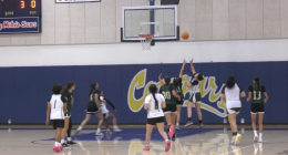several players clustered near the basket as a ball arcs toward the hoop. The players are wearing green and white or all-white uniforms. Two players in green and white (one of them number 30) are jumping with their arms up, contesting the shot against a player in all white. Other players are scattered on the court, watching the action. A scoreboard in the upper left corner shows the score as 3 to 0. The gym wall behind the players is blue with a large yellow and white logo that starts with "Co." The court has a polished, wooden floor.