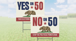 Alt text: "Two campaign yard signs on a grassy field. One sign reads 'YES on 50 – Fair Elections' and the other reads 'NO on 50 – Stop the Political Power Grab,' both featuring a bear graphic and red, white, and blue colors."
