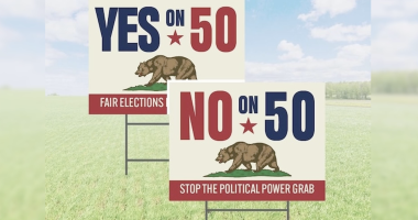 Alt text: "Two campaign yard signs on a grassy field. One sign reads 'YES on 50 – Fair Elections' and the other reads 'NO on 50 – Stop the Political Power Grab,' both featuring a bear graphic and red, white, and blue colors."