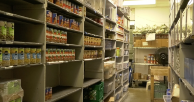 Storage room with shelves stocked with canned goods, boxes, and plastic bins, resembling a food pantry or supply room with fluorescent lighting overhead.