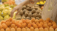 A person’s hand reaches out to pick an apricot from a display of fresh apricots in a grocery store. Other fruits, including kiwis and apples, are visible in the background, and a reusable mesh bag hangs from the person’s arm.
