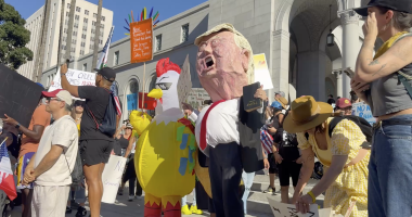 A crowd of protesters gathers outside a large government building, holding various signs and banners. Among them are people wearing costumes, including one person in a yellow chicken suit and another with a large caricature mask resembling a political figure. The scene is bright and sunny, with participants displaying messages related to political and social issues.