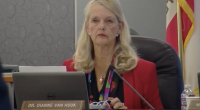 Dr. Dianne Van Hook, sitting at a large dark table during a meeting. She is looking directly at the camera with a neutral, serious expression. She is wearing a bright red blazer over a black top with a multi-colored floral or patterned scarf/lanyard. A laptop is open in front of her. To the right, a partially visible flag (likely the California state flag) and a bottle of water are present.