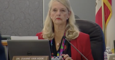 Dr. Dianne Van Hook, sitting at a large dark table during a meeting. She is looking directly at the camera with a neutral, serious expression. She is wearing a bright red blazer over a black top with a multi-colored floral or patterned scarf/lanyard. A laptop is open in front of her. To the right, a partially visible flag (likely the California state flag) and a bottle of water are present.