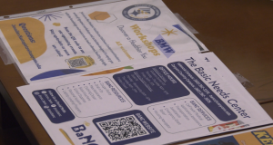 Flyers for college student support services lie on a table. One flyer promotes health and wellness workshops and includes a QR code, colorful graphics, and contact information. Another flyer advertises “The Basic Needs Center,” listing office hours, campus locations, available resources such as food assistance and school supplies, and another QR code. Social media icons and program details are visible across the pages.