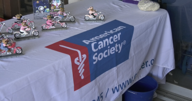 A close-up shot of a white table cloth with the American Cancer Society logo printed on a blue banner across the center. On the left side of the table, there are several small figurines of teddy bears dressed in pink and black riding silver motorcycles. The table is likely set up for a charity event.