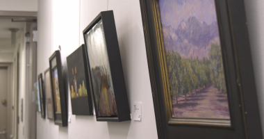 A row of framed paintings hung on a bright white wall in an art gallery or hallway. The paintings, which appear to be mostly landscapes and abstract pieces, are framed in black or dark wood and recede into the distance on the left. The painting closest to the viewer on the right depicts a green field or orchard leading up to purple mountains under a hazy sky.
