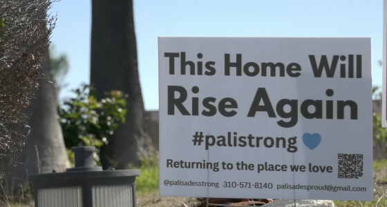 A white yard sign stands on a patch of grass in front of trees. The sign reads, “This Home Will Rise Again #palistrong” with a small blue heart. Below it says, “Returning to the place we love,” along with contact information and a QR code. A small outdoor light fixture sits in the foreground.