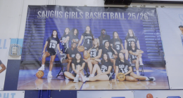 The banner features a team photo of the Saugus Girls Basketball team, with the text "SAUGUS GIRLS BASKETBALL 25/26" across the top, indicating it's for the 2025-2026 season.