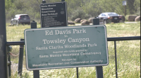 Sign at the entrance to Ed Davis Park at Towsley Canyon in Santa Clarita, identifying it as part of the Santa Clarita Woodlands Park system, with cars and grassy hills visible in the background.
