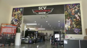 Entrance to the SCV Collectibles Show inside a convention hall, with large posters of comic book and pop culture characters on either side and vendors and attendees visible inside.