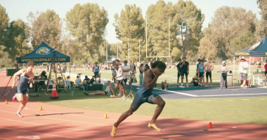 Antonio Moore is running in the 400-meter race at on a bright sunny day at Cougar Stadium