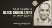 Book cover reading “First & Famous Black Trailblazers of Santa Clarita,” featuring a hand-drawn portrait of a smiling man on the right. The cover credits Gloria Locke and Michael Carrie, with illustrations by Locke, set against a dark background with bold white lettering.