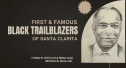 Book cover reading “First & Famous Black Trailblazers of Santa Clarita,” featuring a hand-drawn portrait of a smiling man on the right. The cover credits Gloria Locke and Michael Carrie, with illustrations by Locke, set against a dark background with bold white lettering.