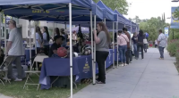 Students and staff gather under a row of blue canopy tents on campus, browsing booths and talking with program representatives during an outdoor college event.